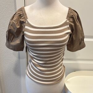 EUC J. Crew Tan and White Striped Blouse with Puff Sleeves